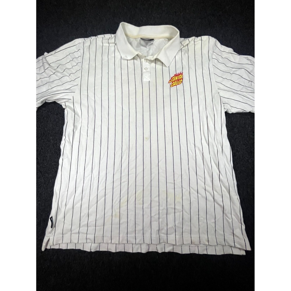 Y2K Santa Cruz Polo Shirt Men's XL White Pinstripe Skate Flame Golf Performance